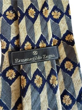 Vintage Ermenegildo Zegna Navy Blue, Gold & Gray Geometric Silk Tie